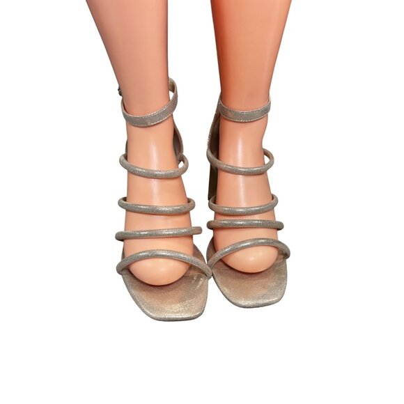 Bradshaw Metallic Silver Strappy Block Heel Sandals With Zipper Back Ankle Strap - Picture 2 of 8